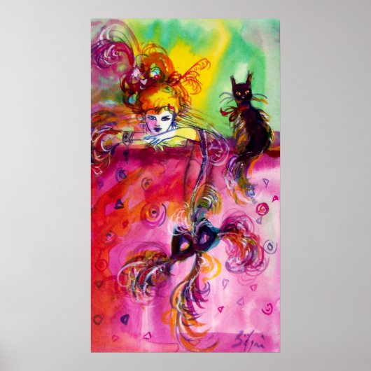 黒猫ヴェネツィアの仮面舞踏会を持つ女性 ポスター (正面)
