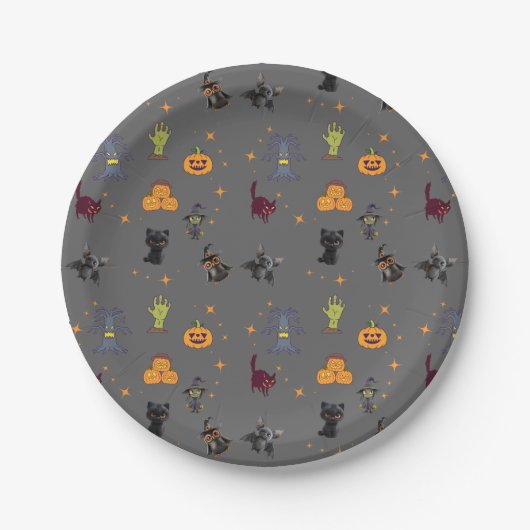 黒猫不気味とカボチャのハロウィーンパターン ペーパープレート (正面)