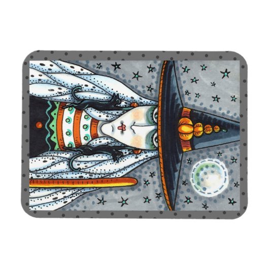 黒猫不気味の宝石を着たハロウィーン魔女 マグネット (横)