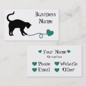 黒猫及びハート形ヤーン(ターコイズ) 名刺 (正面/裏面)