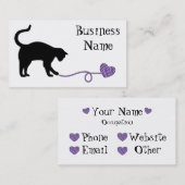 黒猫及びハート形ヤーン(紫色) 名刺 (正面/裏面)