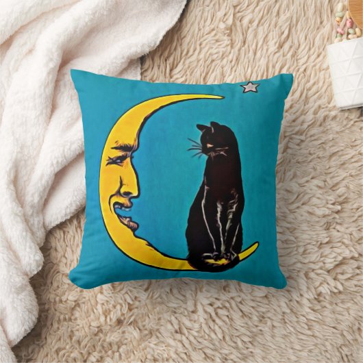 黒猫及び三日月形の月の枕 クッション (ブランケット)
