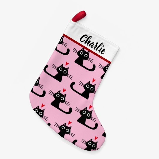 黒猫型猫と名前の文字 スモールクリスマスストッキング (正面 (吊り時))