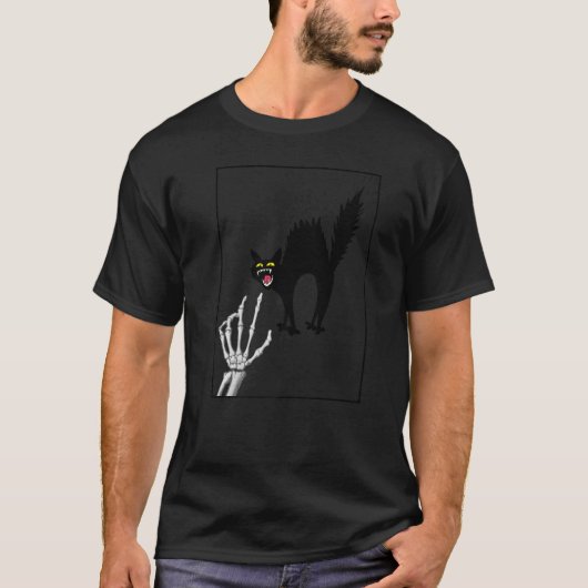 黒猫好き スケルトンの手 かわいい子猫 楽しいハロウィン Tシャツ (正面)