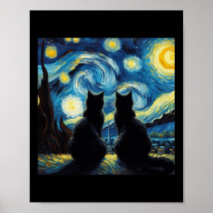 黒猫好き 星空の夜 ヴァン・ゴッホ 猫ママ 猫 ポスター