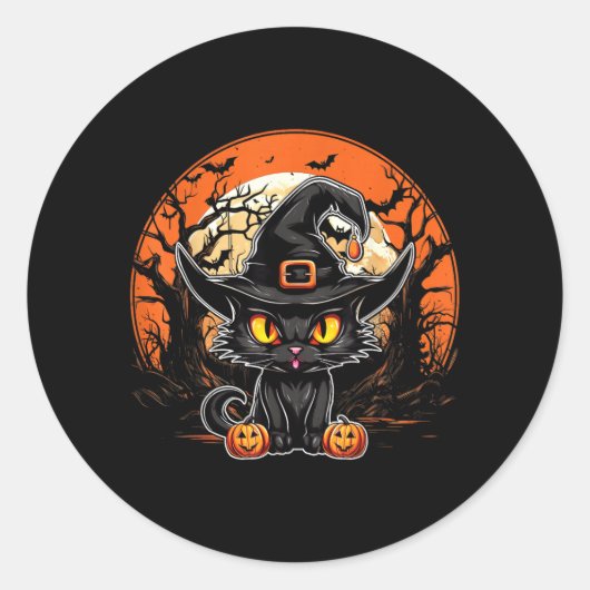 黒猫好き - 黒猫 ハロウィーン スプーキー ゴースト ラウンドシール (正面)