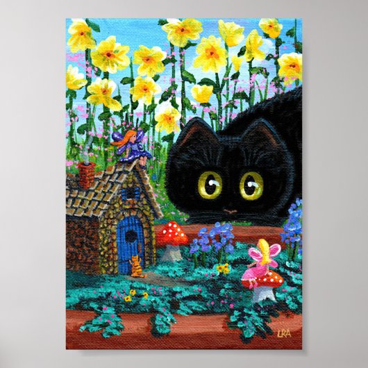 黒猫妖精の庭の花の作成アート ポスター (正面)