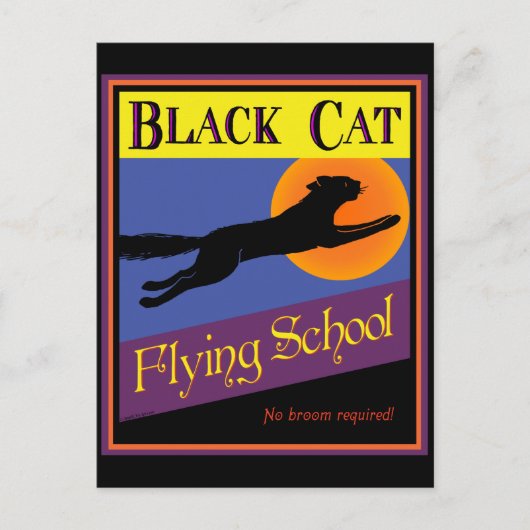 黒猫学校飛んでいるハッピーハローウィン葉書 ポストカード (正面)