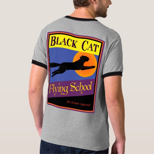 黒猫学校飛んでいるレトロハロウィンTシャツ Tシャツ (裏面)