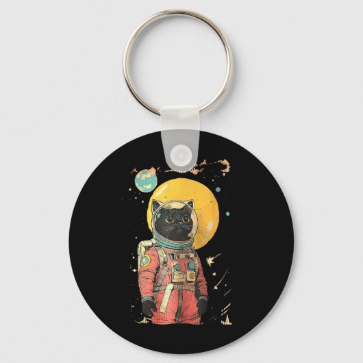 黒猫宇宙飛行士カラーアートプリント キーホルダー (正面)