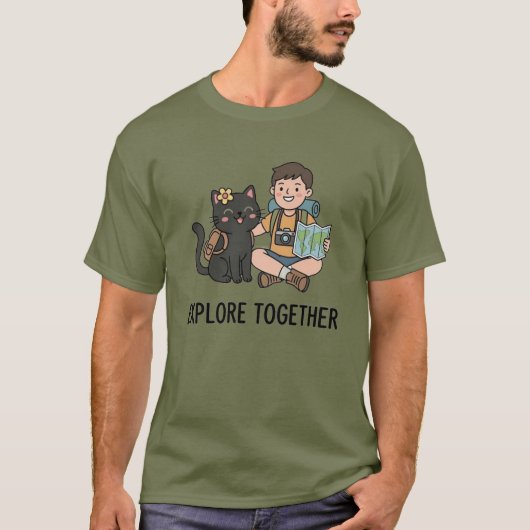 黒猫少年冒険地図フラワーモチーフ Tシャツ (正面)