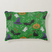 黒猫幽霊こうもりグリーンパターンハロウィン アクセントクッション (正面)
