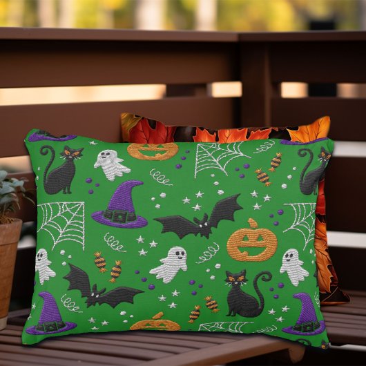 黒猫幽霊こうもりグリーンパターンハロウィン アクセントクッション