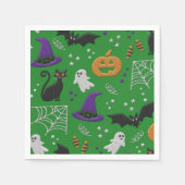 黒猫幽霊こうもりグリーンパターンハロウィン スタンダードカクテルナプキン (正面)