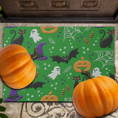 黒猫幽霊こうもりグリーンパターンハロウィン ドアマット