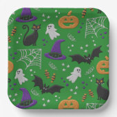 黒猫幽霊こうもりグリーンパターンハロウィン ペーパープレート (正面)