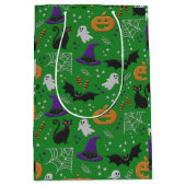 黒猫幽霊こうもりグリーンパターンハロウィン ミディアムペーパーバッグ (正面)