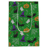 黒猫幽霊こうもりグリーンパターンハロウィン ミディアムペーパーバッグ (裏面)