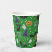 黒猫幽霊こうもりグリーンパターンハロウィン 紙コップ (裏面)