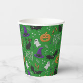 黒猫幽霊こうもりグリーンパターンハロウィン 紙コップ (正面)