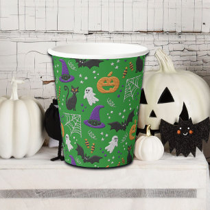 黒猫幽霊こうもりグリーンパターンハロウィン 紙コップ