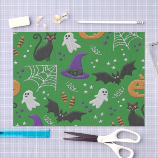 黒猫幽霊こうもりグリーンパターンハロウィン 薄葉紙 (クラフト)
