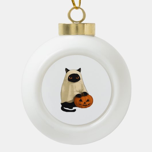 黒猫幽霊カボチャ必須Tシャツ セラミックボールオーナメント (正面)