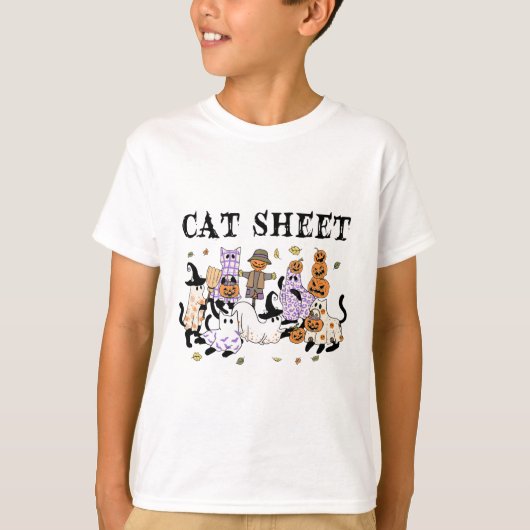 黒猫幽霊衣装おもしろい猫シーツ通し Tシャツ (正面)