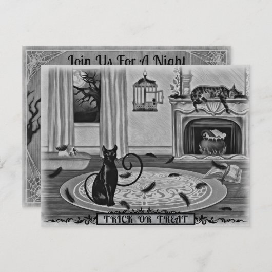 黒猫恋しく思鳥いたずらハローウィンパーティ 招待状 (正面/裏面)