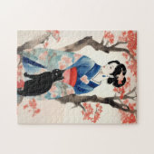 黒猫日本のの美しい少女 ジグソーパズル (横)