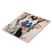 黒猫日本のの美しい少女 タイル (側面)