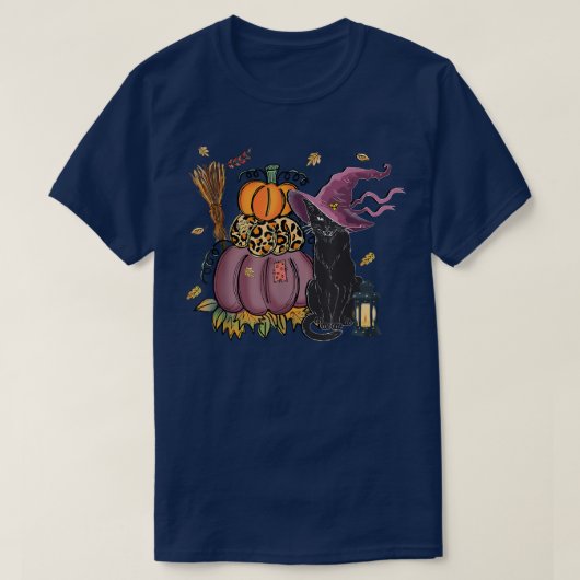 黒猫秋、黒猫カボチャ秋ハロウィー Tシャツ (デザイン正面)