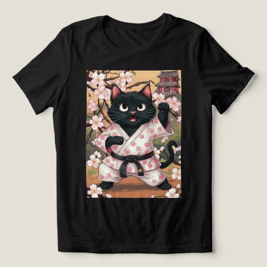 黒猫空手かわいい着物 トライブレンドTシャツ (デザイン正面)