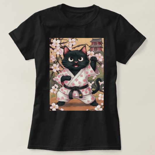 黒猫空手かわいい着物 Tシャツ (デザイン正面)
