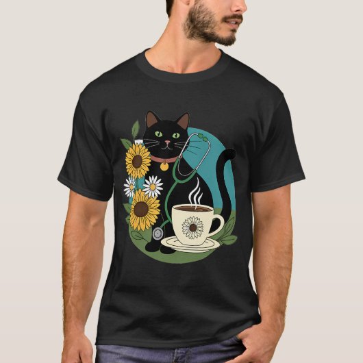 黒猫聴診器コーヒーカップギフト Tシャツ (正面)