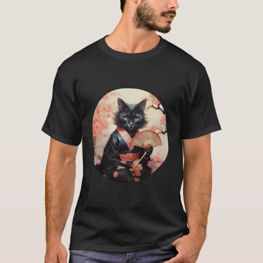黒猫芸者ペットおもしろいの着物 Tシャツ (正面)