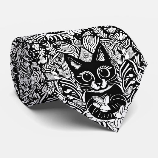 黒猫芸術的花柄 ネクタイ (ロール)
