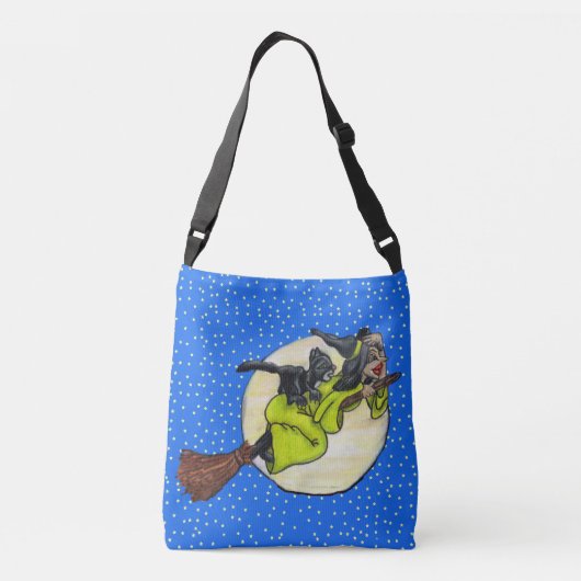 黒猫飛んでいるの月の星を持つ箒の魔女 クロスボディバッグ (裏面)