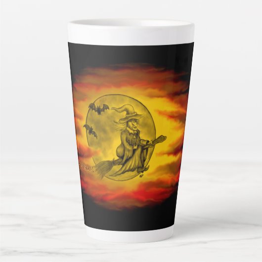 黒猫飛んでいるの魔女ハロウィーンの夜 カフェラテマグ (正面)