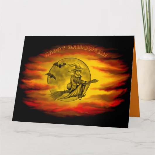 黒猫飛んでいるの魔女ハロウィーンの夜 カード (正面)