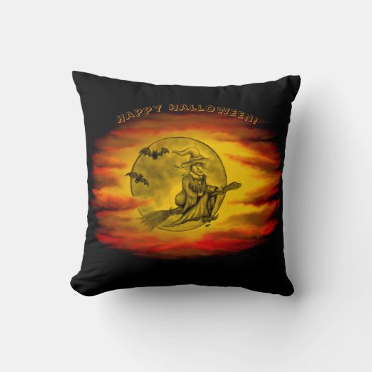 黒猫飛んでいるの魔女ハロウィーンの夜 クッション (正面)