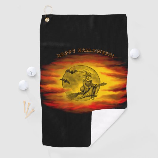黒猫飛んでいるの魔女ハロウィーンの夜 ゴルフタオル (インサイチュ)