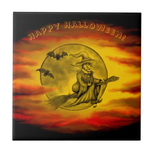 黒猫飛んでいるの魔女ハロウィーンの夜 タイル (正面)