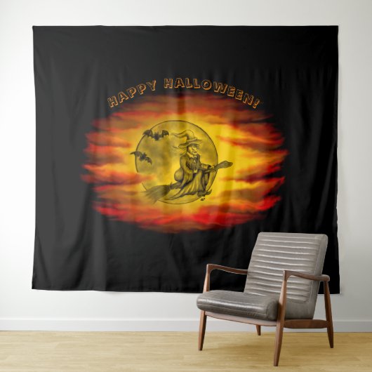 黒猫飛んでいるの魔女ハロウィーンの夜 タペストリー (インサイチュ(横))