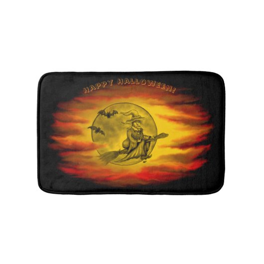 黒猫飛んでいるの魔女ハロウィーンの夜 バスマット (正面)