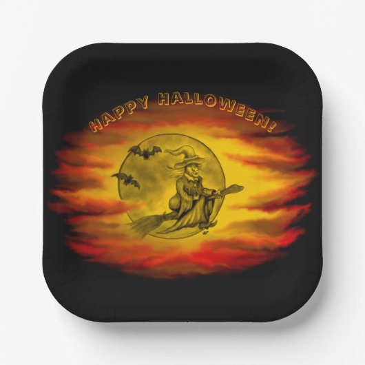 黒猫飛んでいるの魔女ハロウィーンの夜 ペーパープレート (正面)