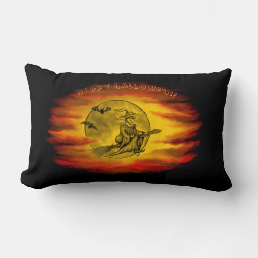 黒猫飛んでいるの魔女ハロウィーンの夜 ランバークッション (正面)