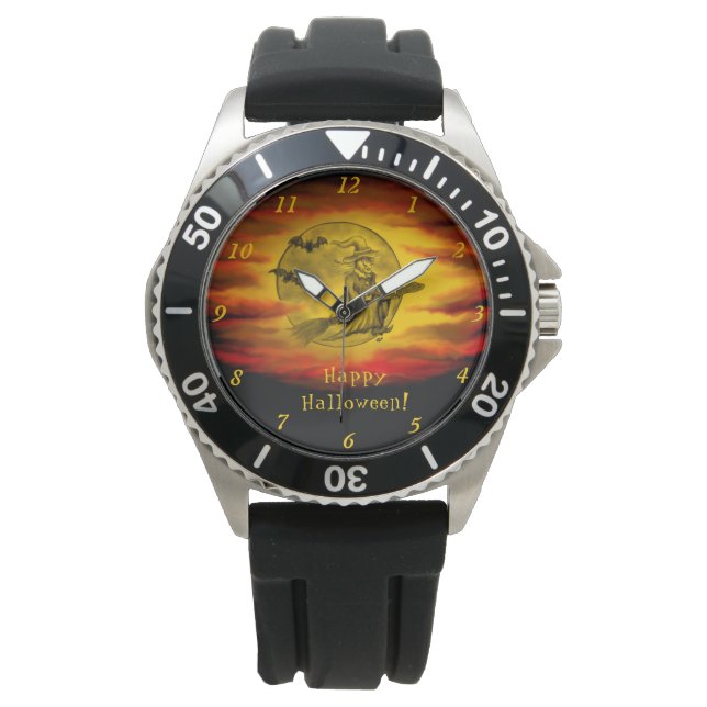 黒猫飛んでいるの魔女ハロウィーンの夜 腕時計 (正面)
