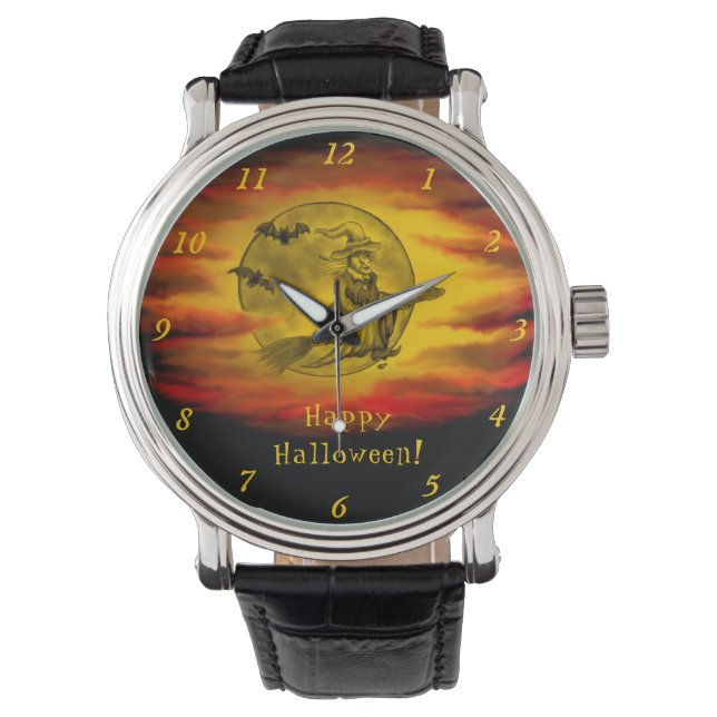 黒猫飛んでいるの魔女ハロウィーンの夜 腕時計 (正面)