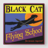 黒猫飛んでいる学校ハロウィーン時計 スクエア壁時計 (正面)